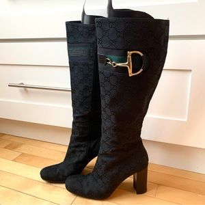 Gucci women's knee-high Leather Monogram Tall Winter Black Boots Shoes 7 37